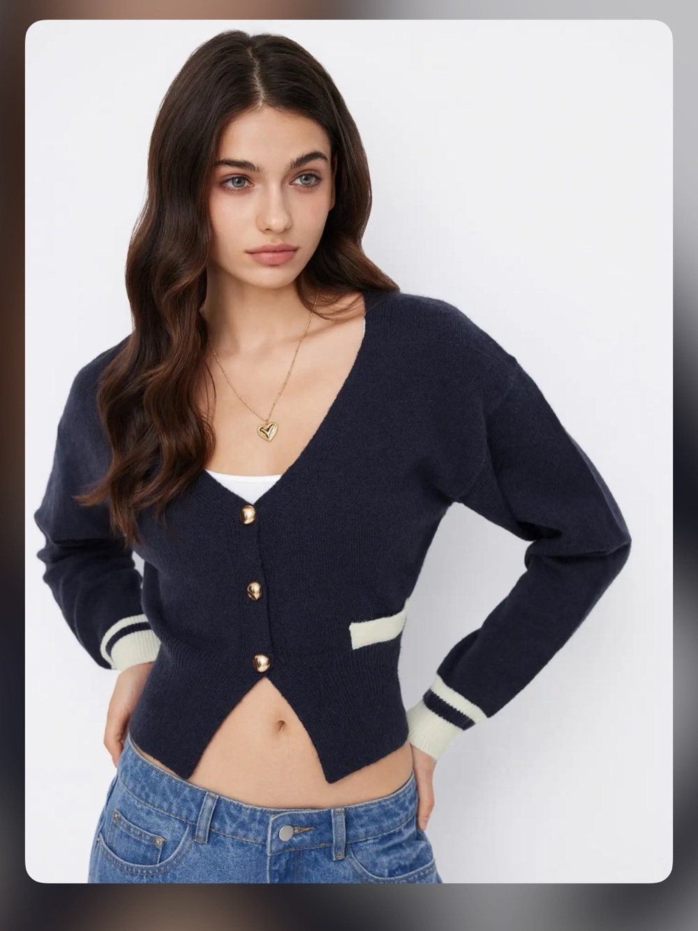 Cider KNIT V-NECK LONG SLEEVE CONTRASTING BINDING METAL BUTTON CARDIGAN S WC1712